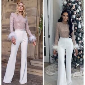 Nadine Merabi Amelia White sequin Jumpsuit S/M Small Medium